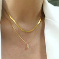 Fashion Titanium Steel Double Layer Flat Snake Chain 26 Letters Stacked Necklace CZ Diamond Clavicle Chain for Women