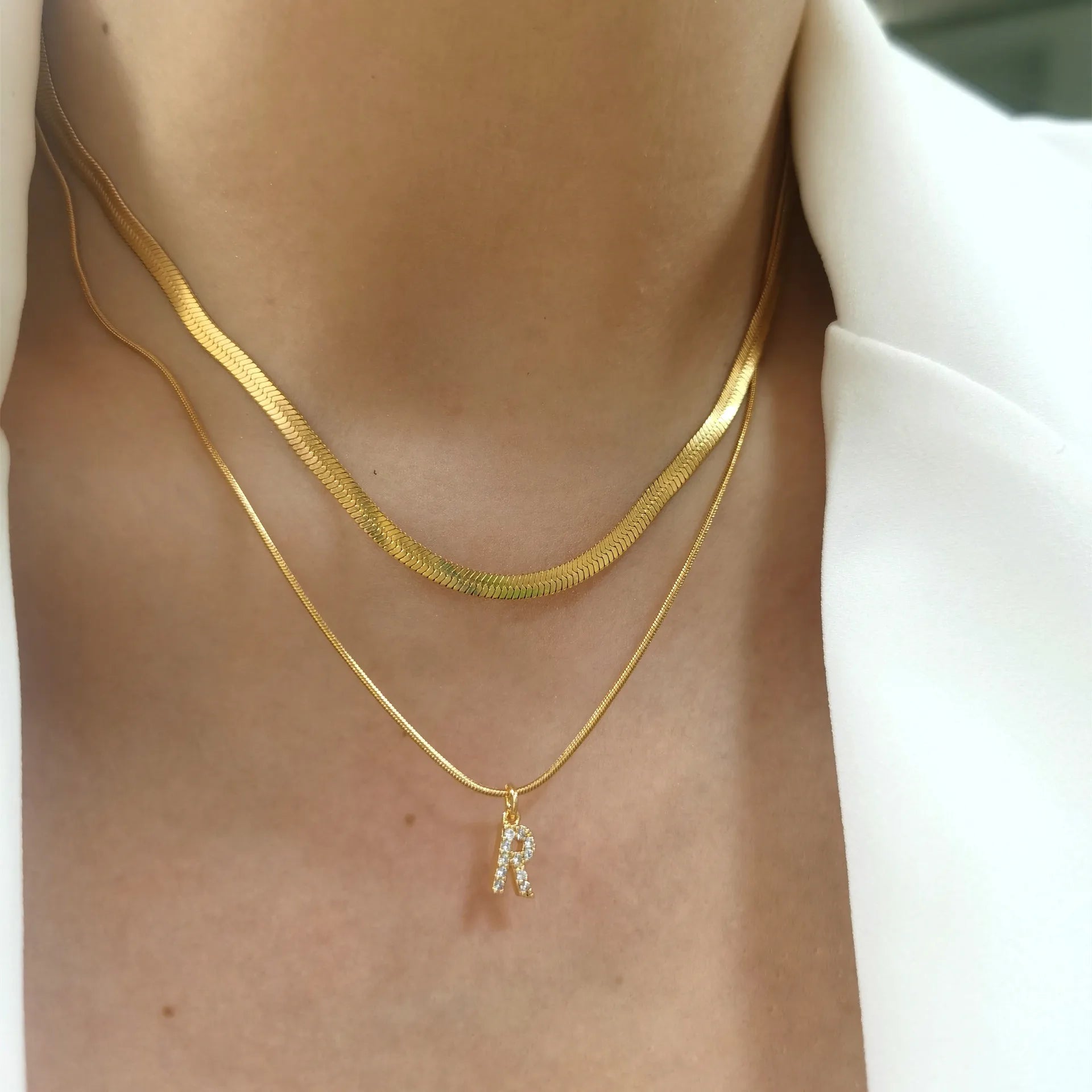 Fashion Titanium Steel Double Layer Flat Snake Chain 26 Letters Stacked Necklace CZ Diamond Clavicle Chain for Women