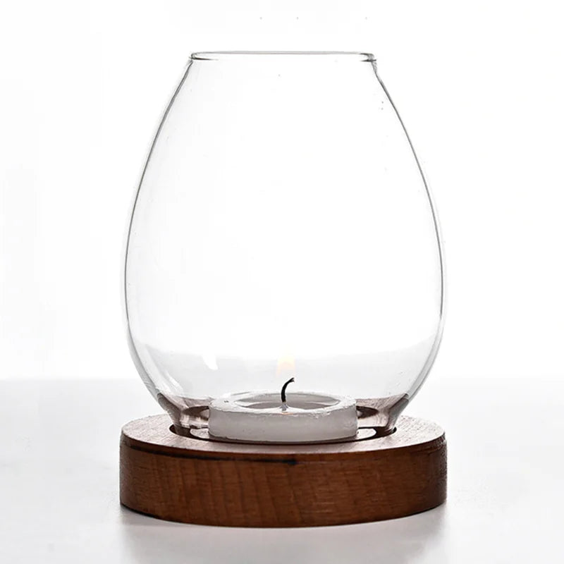 Elegant Egg Shape Glass Candlestick Holder with Wood Base for Home Decoration for Christmas