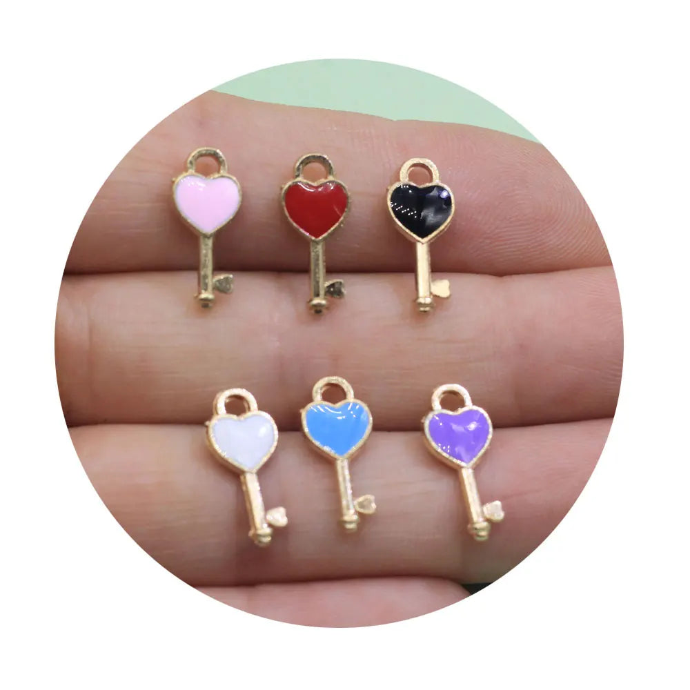 Colorful Heart Shape Key Enamel Charms Pendant for DIY Jewelry Making Accessories Alloy Key Charms Necklaces Earrings Pendants