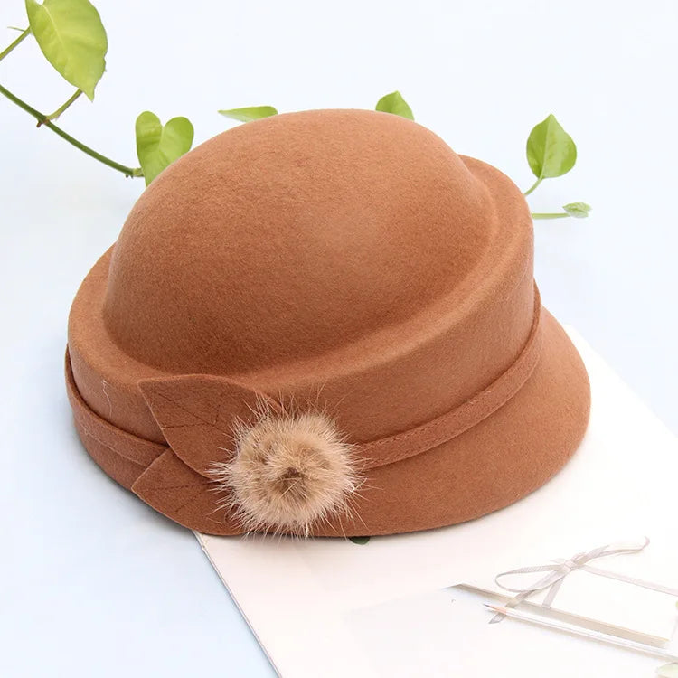 X5110 Adult 100% Wool Fedora Hat Dome Top Party Hats with Bows Pattern Knitted Beanie Caps Girls Warm Image Style Fedora Caps