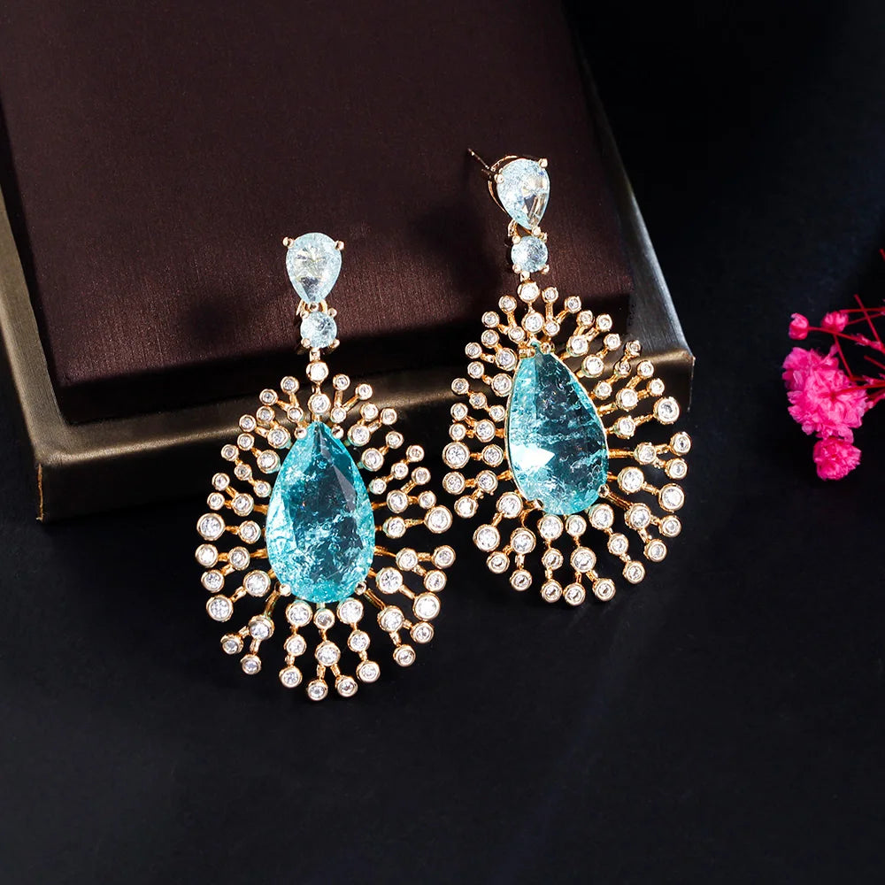 Fashion Unique Design Pure Ocean Blue Water Drop Cubic Zirconia Long Dangle Drop Earrings for Women Ladies Party Costume Jewelry
