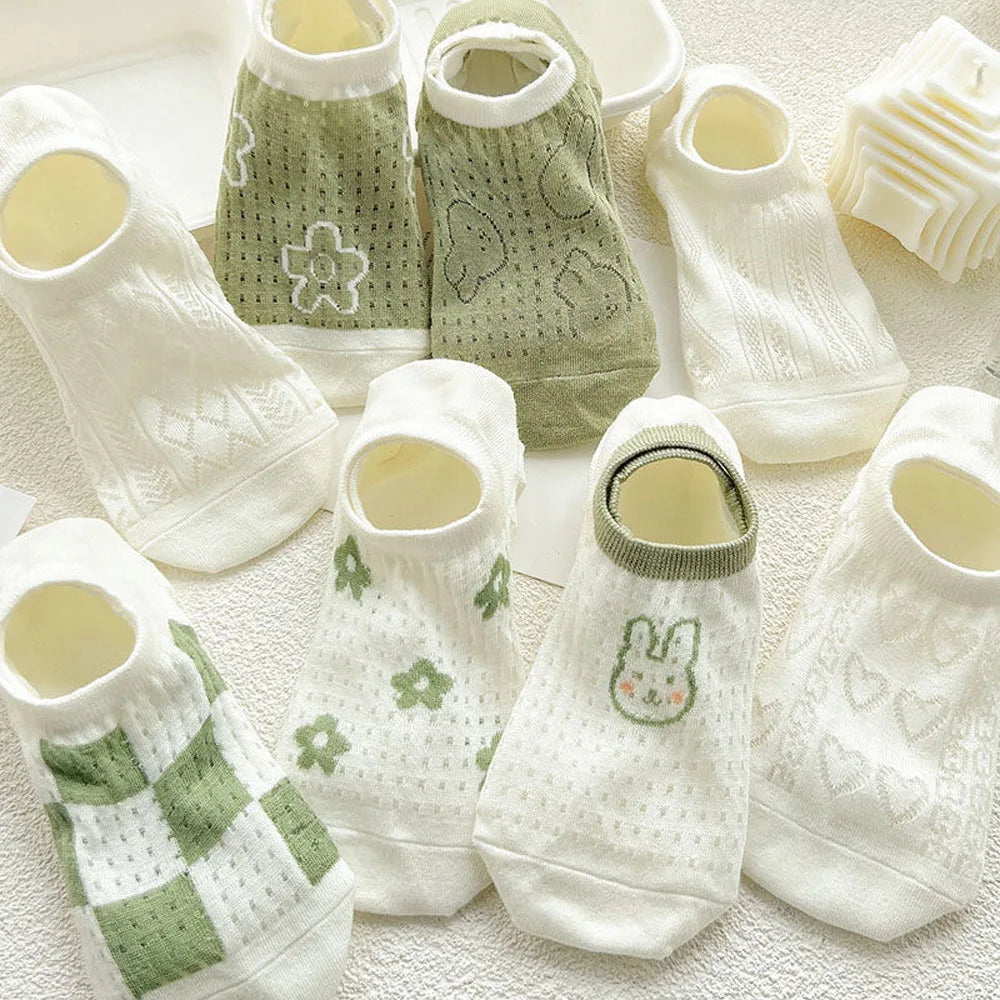 Cute Animal Pattern Cotton Ankle Socks for Women Green White Thin Low Cut No Show Socks Breathable Logo Body Cuff for Daily Use