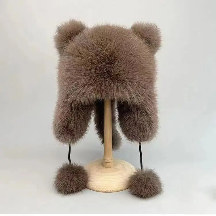 Women's Cute Raccoon Faux Fur Winter Hat All-Season Warm Beanie with Knitted Ear All-match Beige for Travel