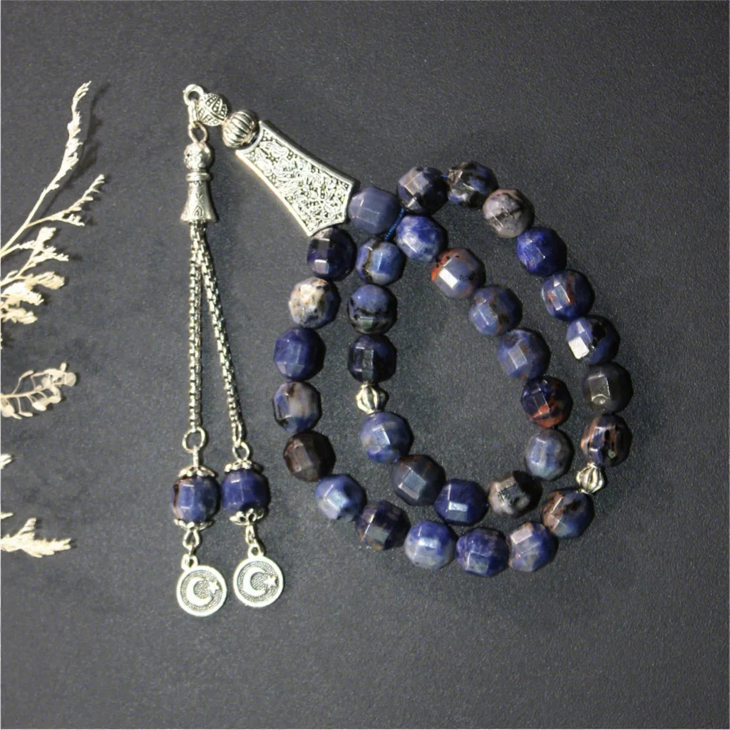 10mm Faceted Natural Blue Stone Beads Gold Plated Religious Islamic Misbaha Prayer Beads Tasbih Rosary Necklace