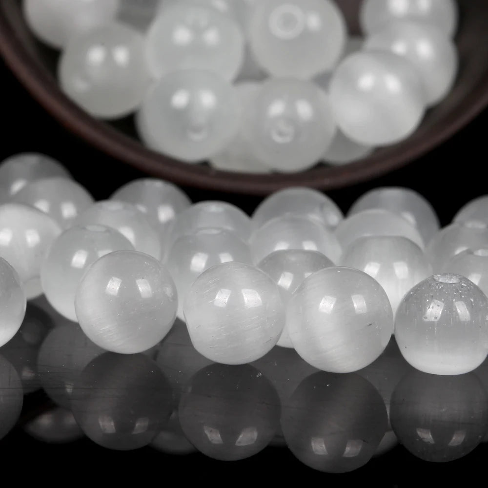 AsVrai U Natural Gemstone White Cat Eyes Stone Loose Round Beads for Jewelry Making Diy Craft Necklace Bracelet Accessories