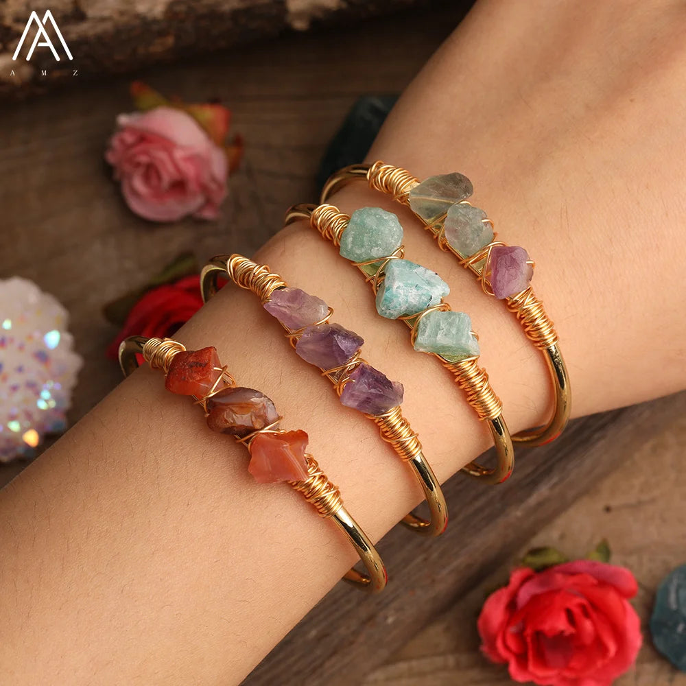 Raw Crystals Healing Cuff Bracelets Women Jewelry Open Bangle Chip Beads Natural Stone Top Gifts