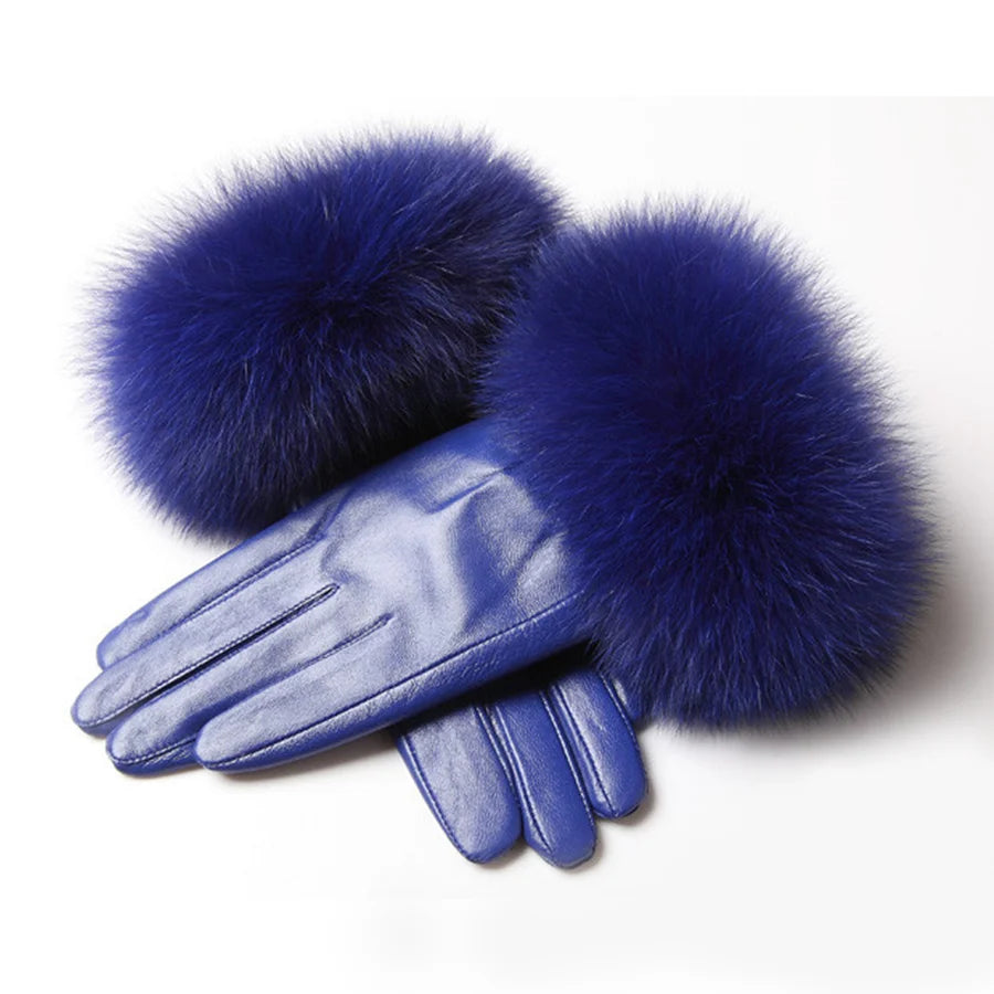 QIUCHEN QC21173 HOT SALE High-end Fashion Winter Warm Genuine Sheepskin Motorcycle Leather Gloves Real Fox Fur Outdoor Cycling