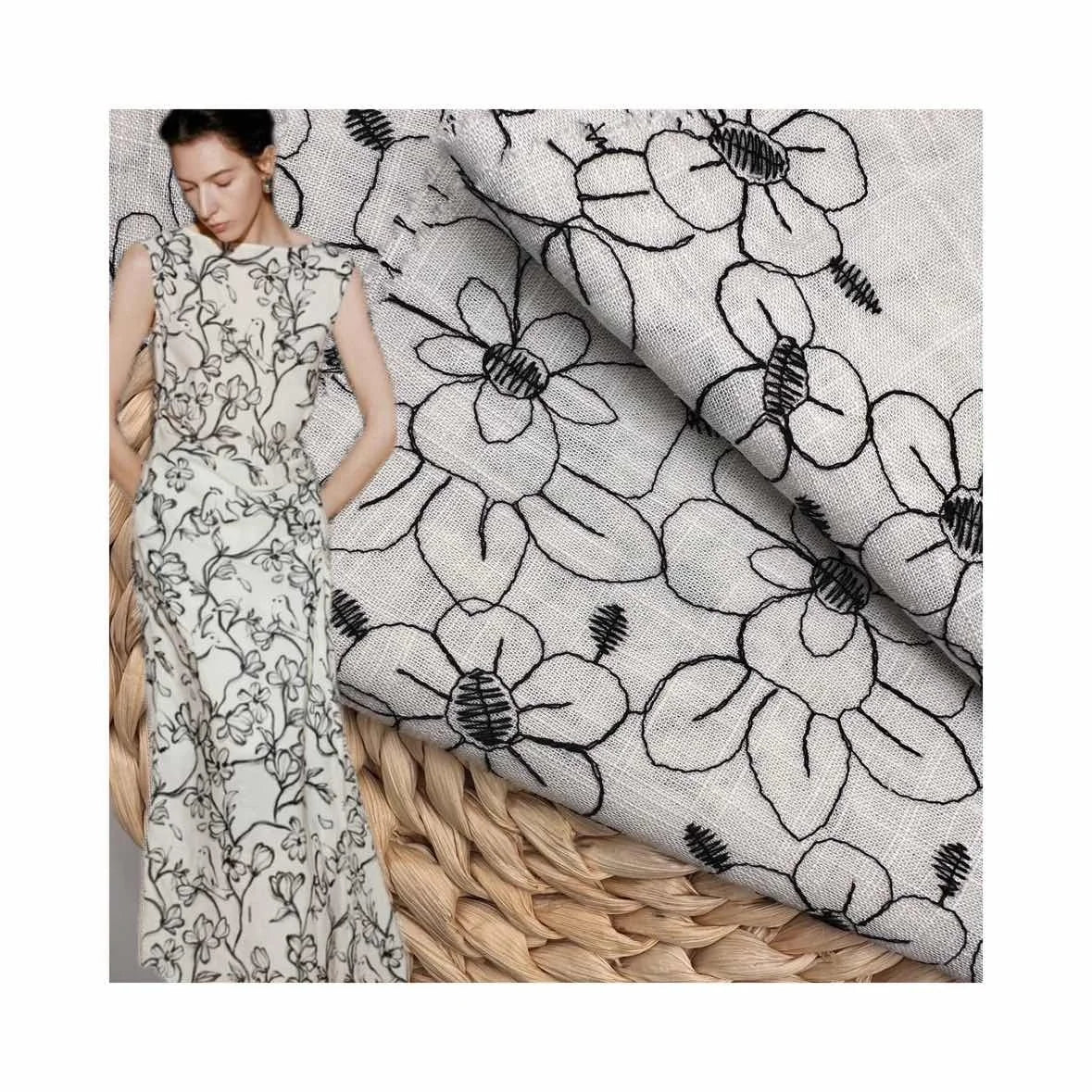 Manufacture 55 Linen 45 Rayon Black Flower Embroidery Lace Fabric