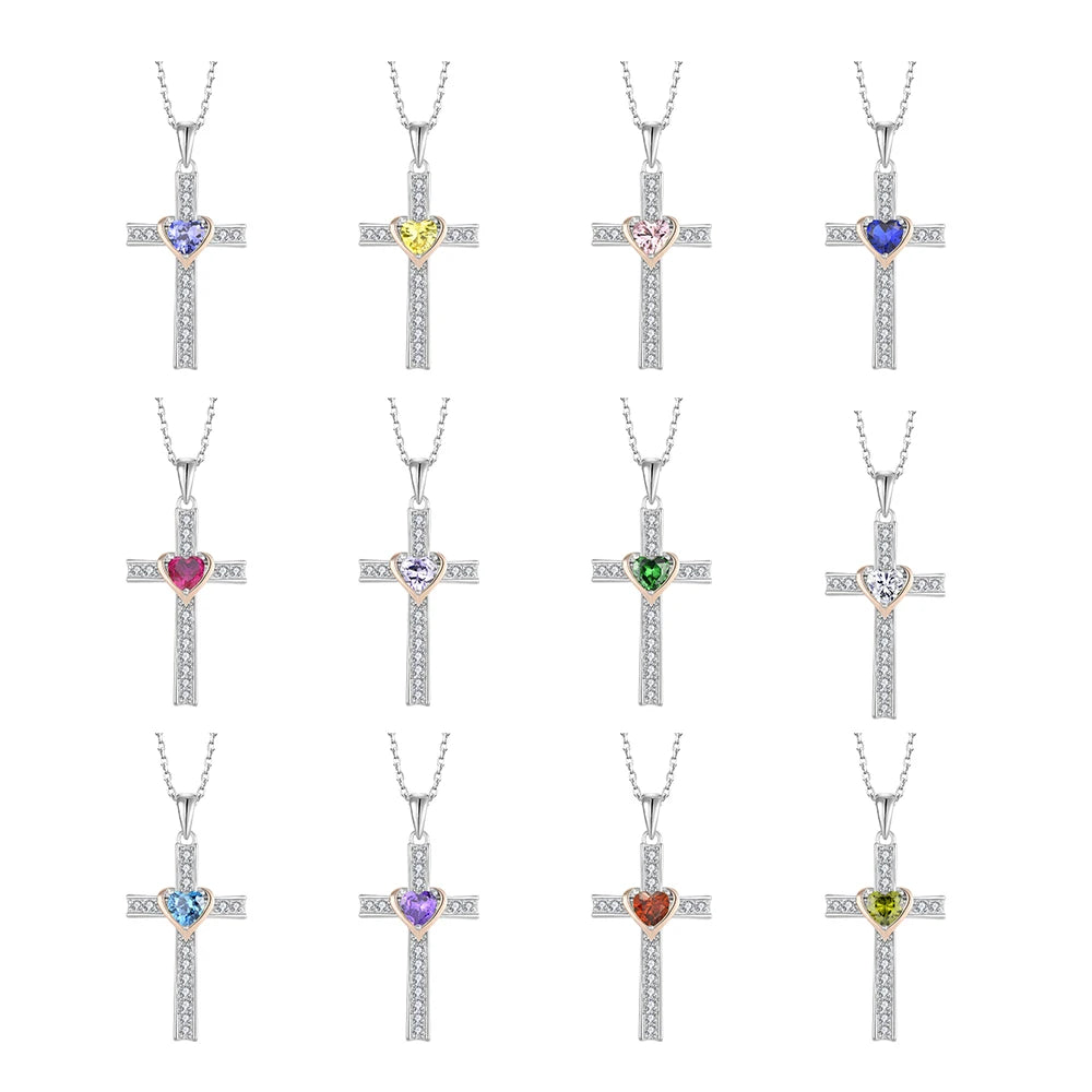 Wholesale 925 Sterling Silver Cross Necklace With 12 Color Heart Birthstone Zircon Pendant Religious Jewelry for Women
