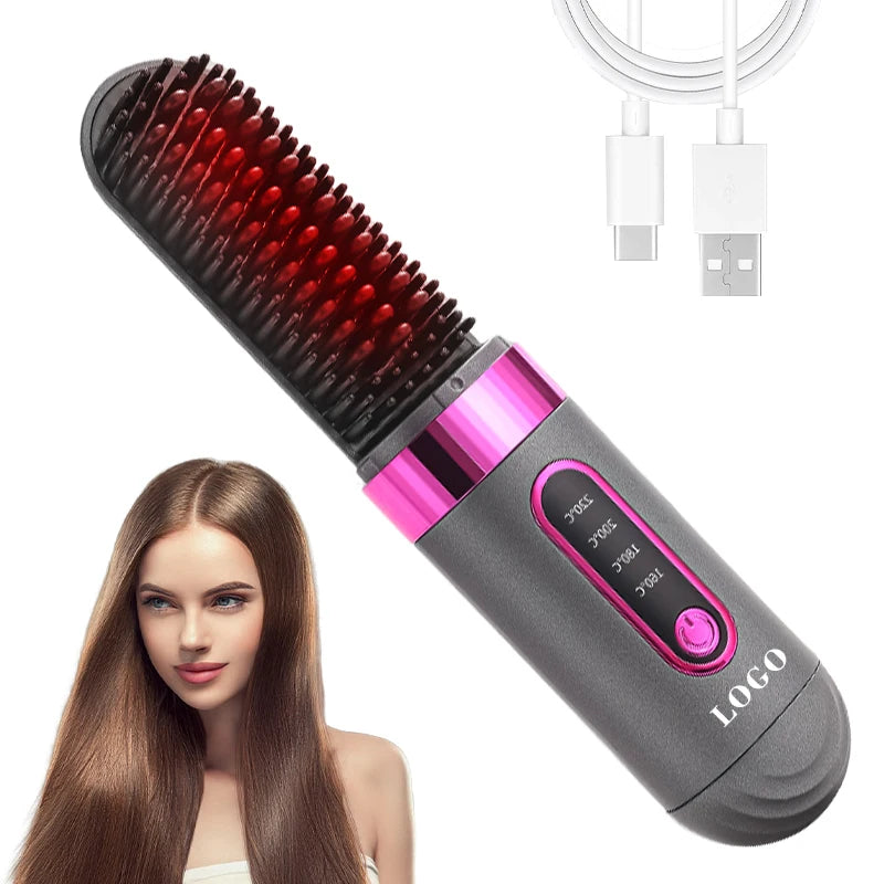 Rechargeable Electric Hot Comb Hair Straightener with 4 Temp Settings Anti Scald Fast Heating Brush