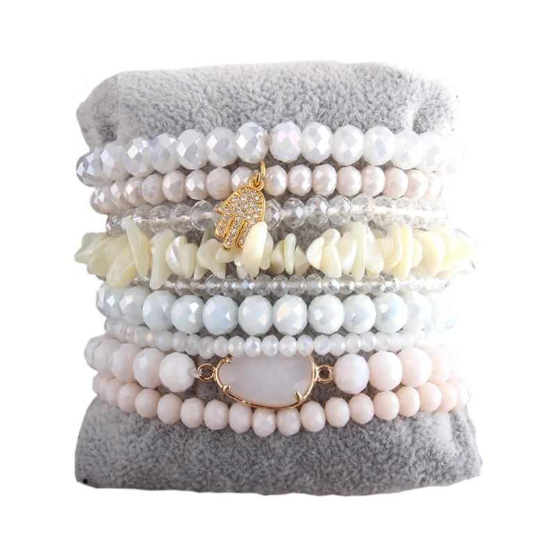 Wholesale Fashion Stretch Crystal Glass Beaded Bracelet CZ Cross 9 Strands Elastic Stack Beads Bracelets Set