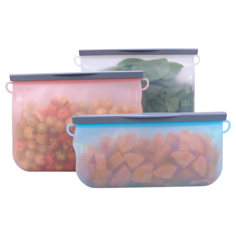 Eco Friendly 0.5/1/1.5L Leakproof Silicone Reusable Food Freezer Bag Fresh Keeping Storage Zip Bags With Clip for Packing Food