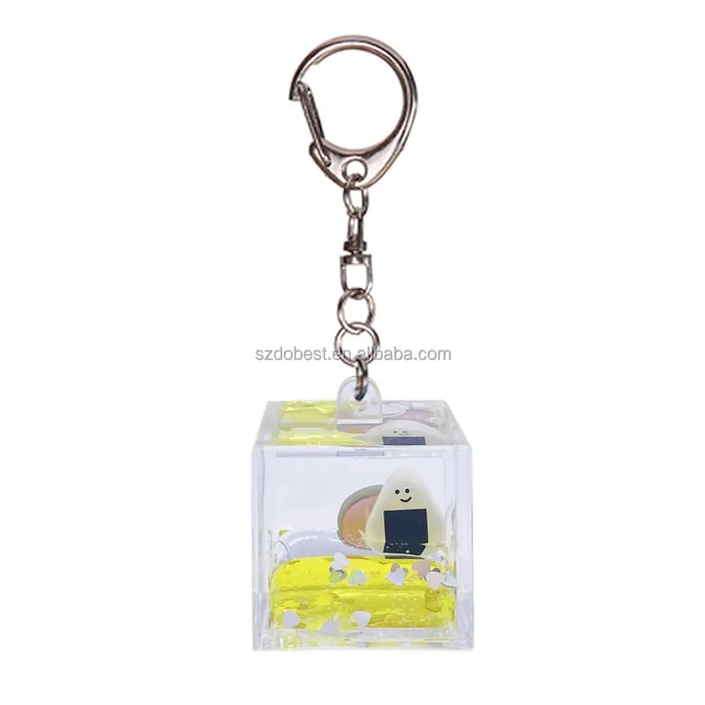 Acrylic square Liquid Inside Keyring Cube Glitter 3d Floating Boba Keychain