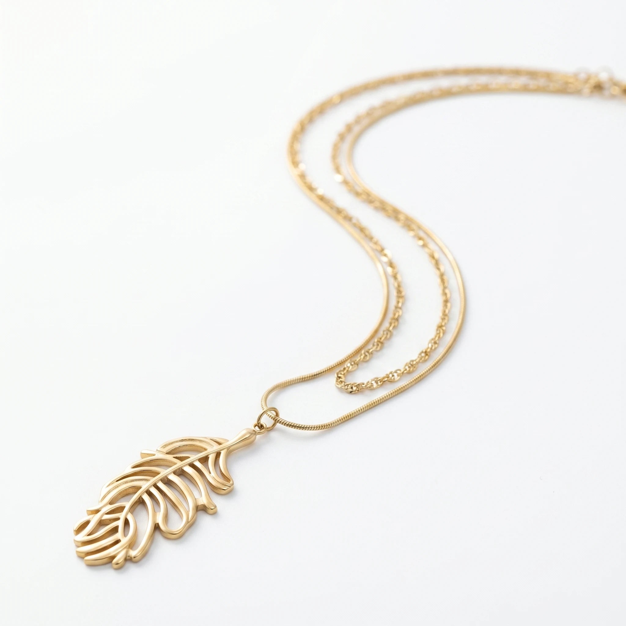 QIAOREN 11928 Elegant Double Layered Stainless Steel Leaf Necklace Gold Snake Twisted Chain Jewelry Women EU US Hot Sell