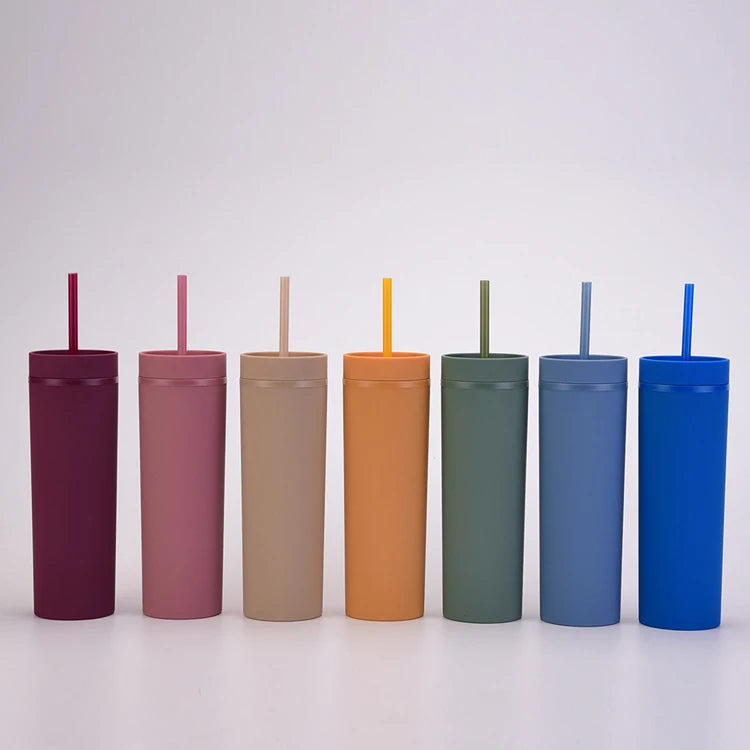 Hotsale 16OZ Custom Matte Plastic Water Bottle Double Wall Skinny Tumbler With Straw