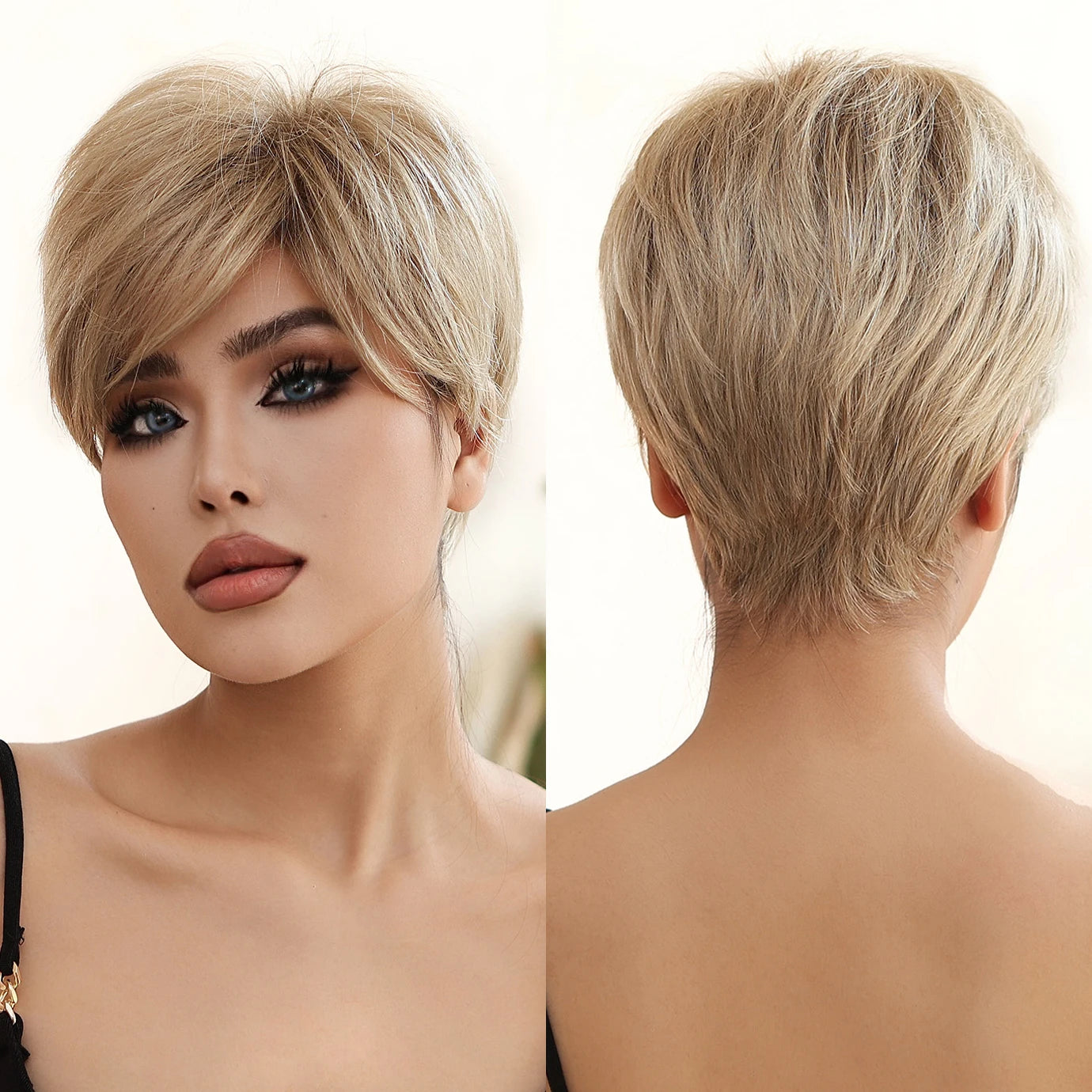 Blonde Short Pixie Cut Synthetic Wig Natural Layered Fluffy Bangs Heat-Resistant for Both Men and Women