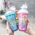 Creative Cartoon Push Cover Plastic Ice Cup Cute Cartoon Double Straw Cup Summer Crystal Water Bottle