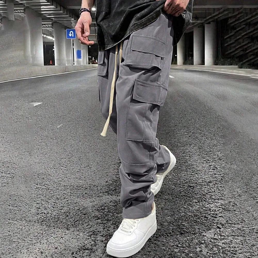 Good Quality Grey Comfortable Cotton Men Loose Fit Wide Straight Leg Elastic Waistband Oversized Cargo Pants With Multi Pockets