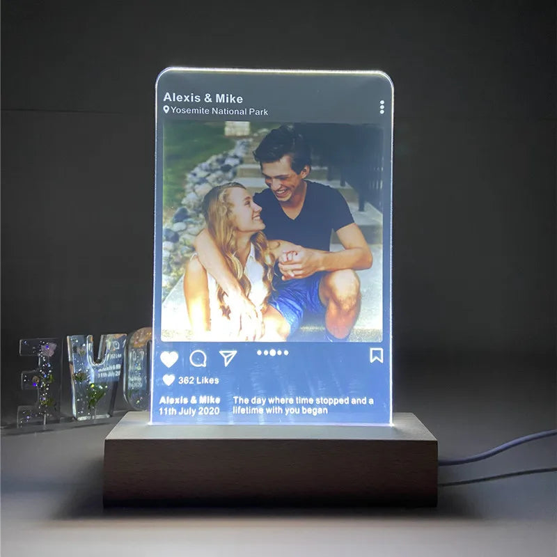 Wooden Led Personalized Custom 3d Photo Frame Led Lamp Light Base Acrylic Couple Photo Plaque Gifts Crafts