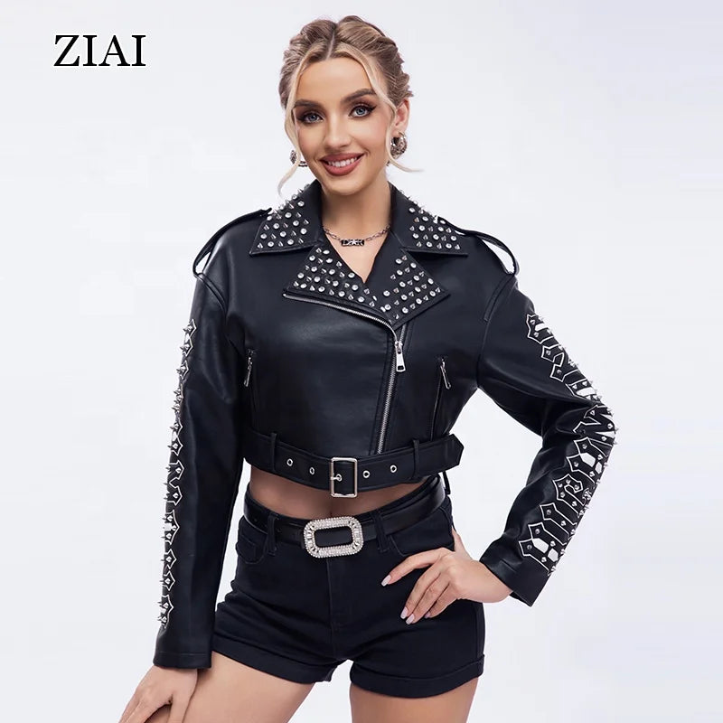 Women's Faux Leather PU Jacket Studded Rivet Punk Biker Moto Fashion Coat With Long Sleeve