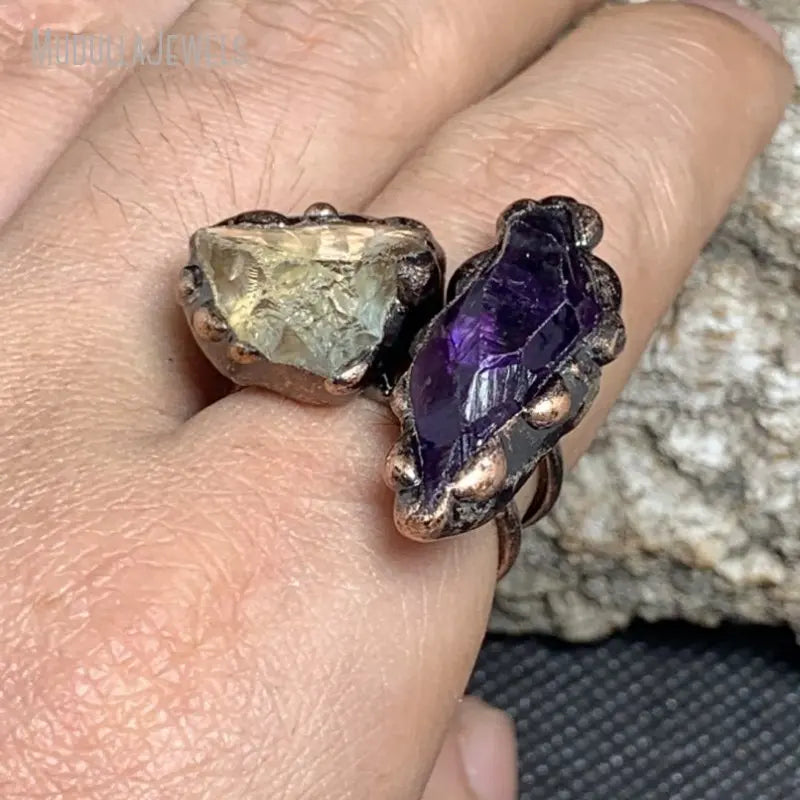 RM43100 Raw Amethyst and Citrine Crystals Healing Stones Free Form Adjustable Finger Rings Antique Copper Plated Witch Jewelry