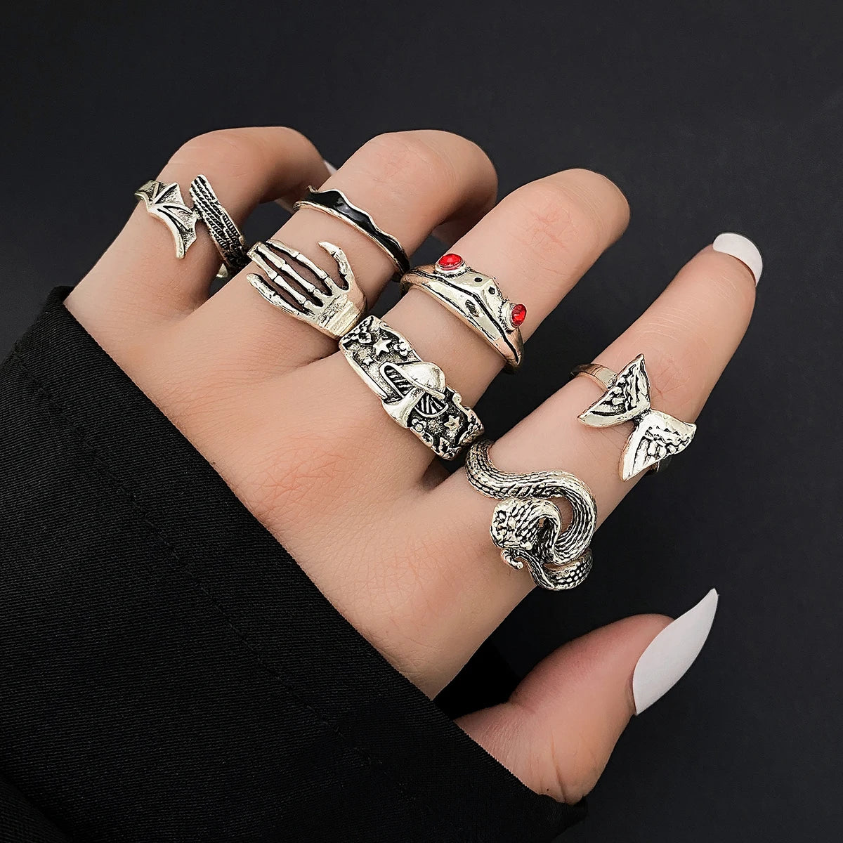 5Pcs/Set Retro Punk Style Butterfly Snake Ring Set