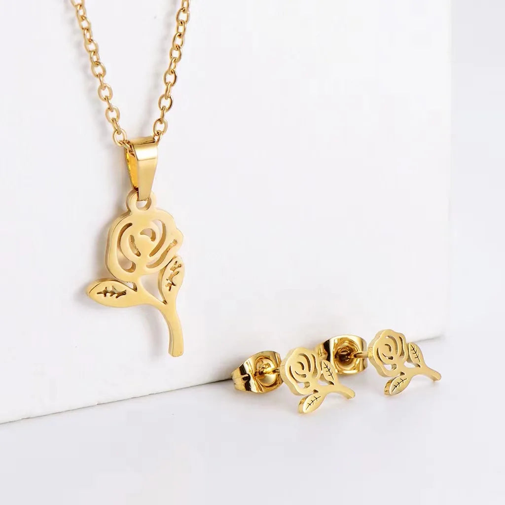 18K Gold Plated Rose Flower Stainless Steel Jewelry Sets Earrings and Necklace 18K Gold Plated Stainless Steel Jewelry