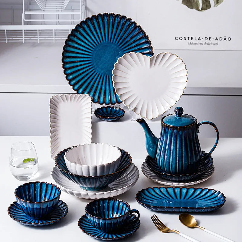 Wholesale Custom Logo Ceramic Dinnerware Set White Blue Chrysanthemum Fish Plate Stoneware Soup Bowl and Cup for Home Use