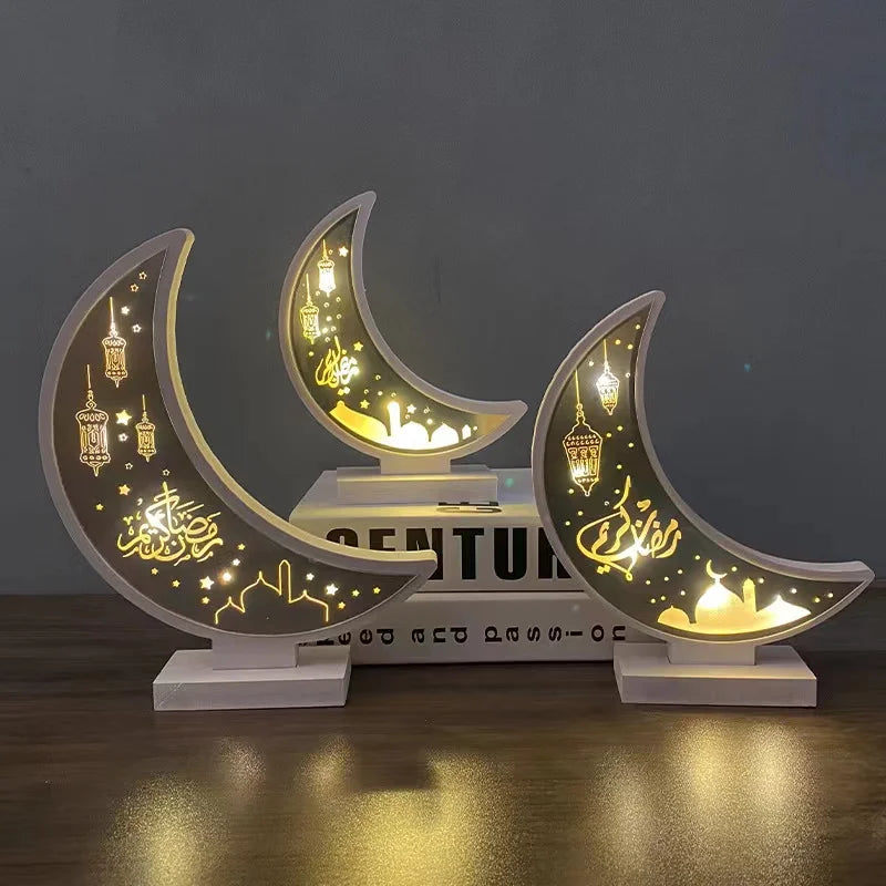 2024 Muslin EID Ramadan Mubarak Lamp Wooden Craft Led Moon Light for Home Decorations