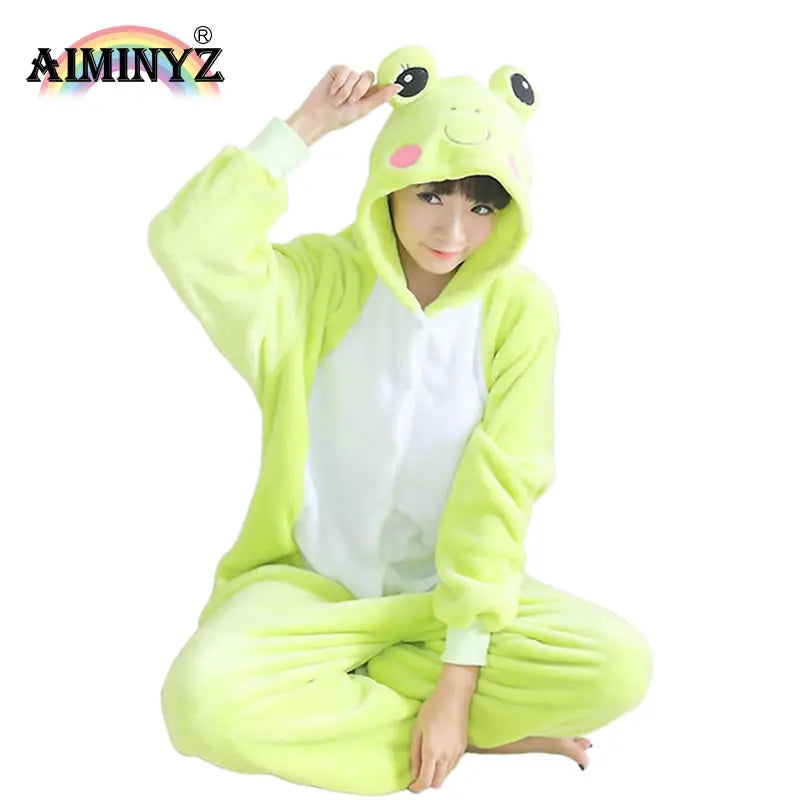 For Wholesale Plus Size Autumn Winter Green Frog Cartoon Animal Onesie Hooded Thermal Flannel Cute Pajamas