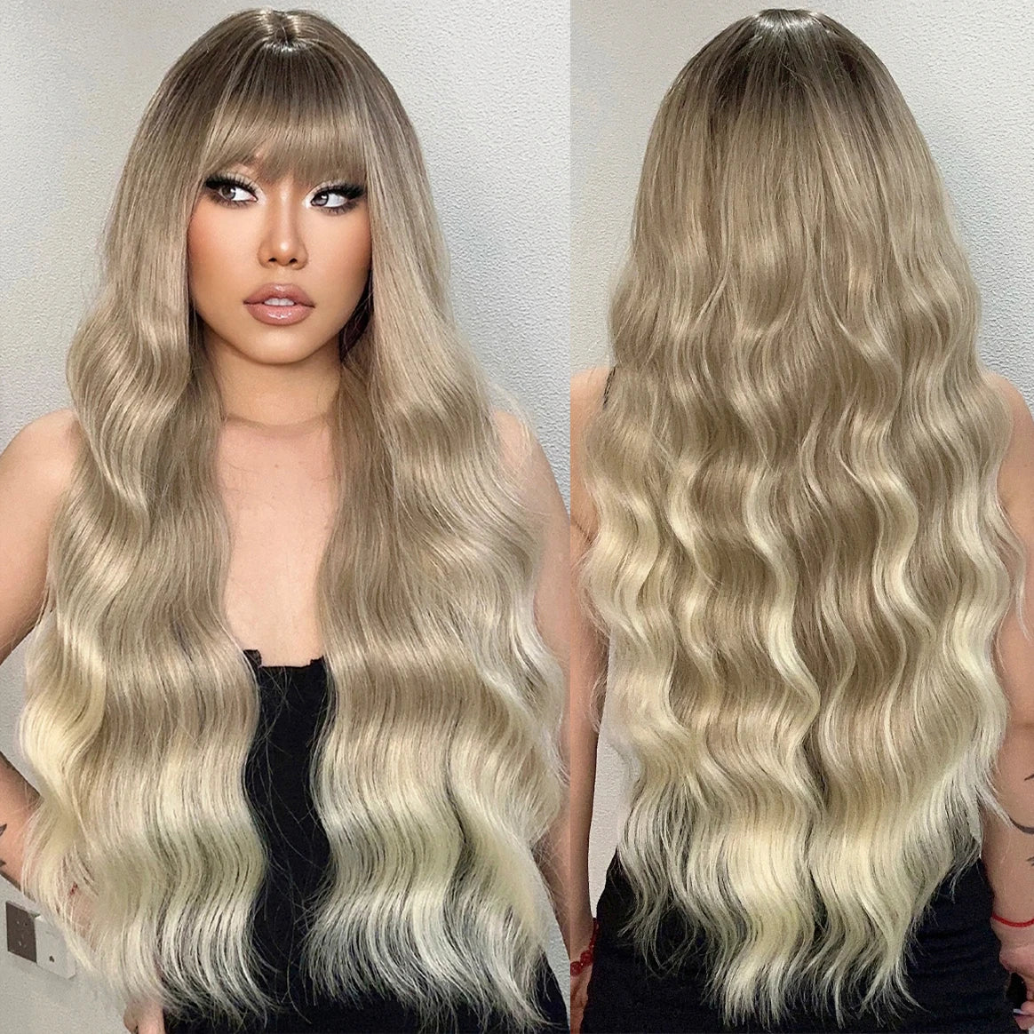Factory Wholesale Price Long Water Wave Synthetic Wigs Brown Platinum Ombre Wigs Natural Light Golden Hair Wigs With Bangs
