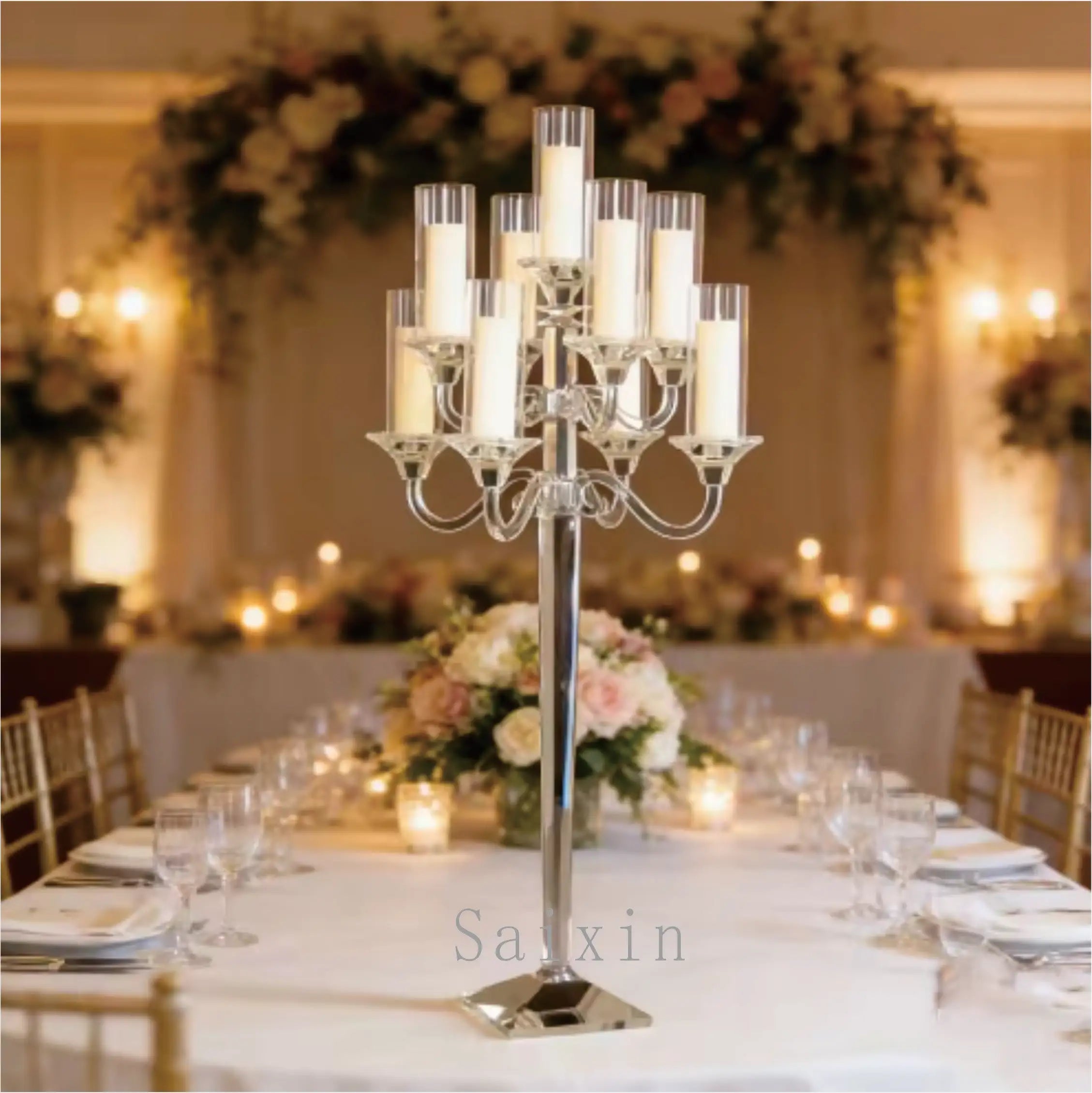 ZT-539 Wholesale 9 Branch square Bottom Crystal Candelabra for Wedding Centerpieces