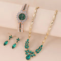 3pcs/set Women Fashion Sparkling Green Rhinestone Quartz Watch & Necklace Earring Set Luxury Watch Sets (WT2291)