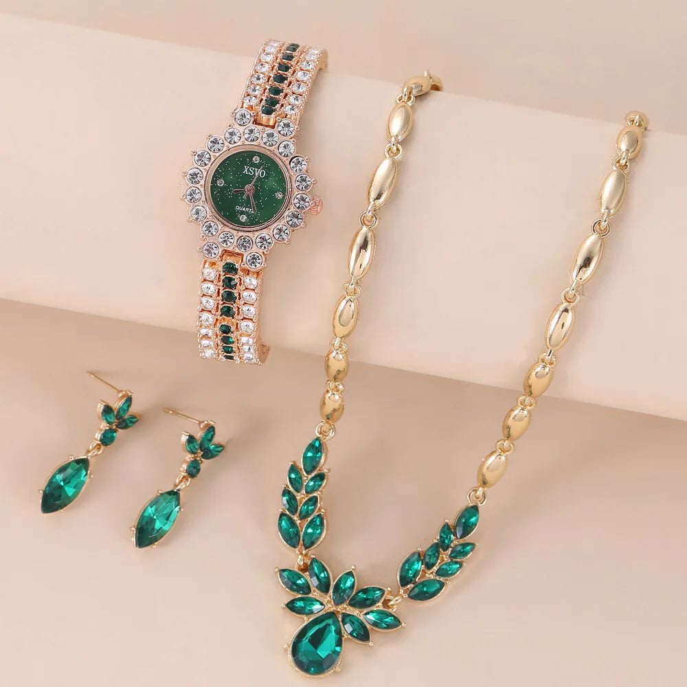 3pcs/set Women Fashion Sparkling Green Rhinestone Quartz Watch & Necklace Earring Set Luxury Watch Sets (WT2291)