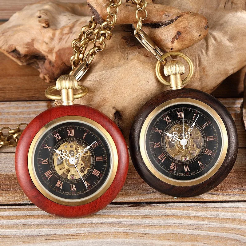 Best Gifts for Men Women Roman Numerals Vintage Hollow Case Steampunk FOB Chain 48MM Wood Automatic Mechanical Pocket Watch Men