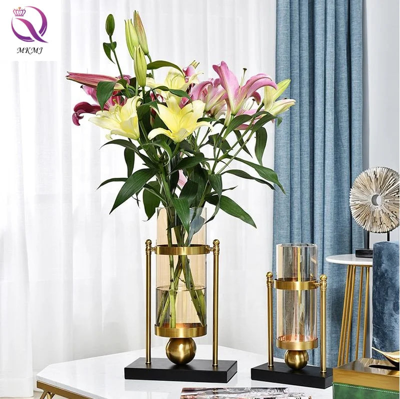 Home Decor Metal Plating Flower Vase Ornaments Model Glass Vase for Dining Table