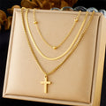 Wholesale Multi Layer 18k Gold Plated Ankh Cross Necklace 3 Layers Stainless Steel Cross Pendant Necklace for Lady