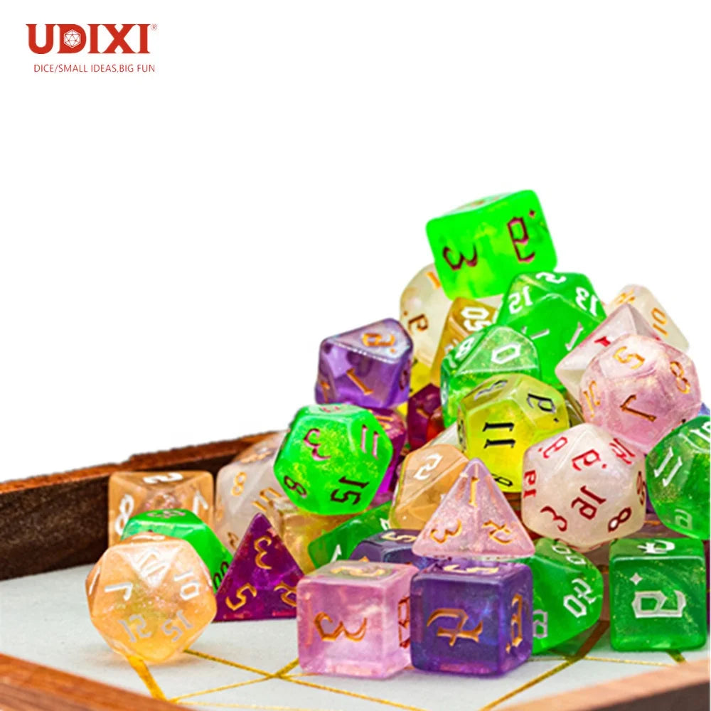 Udixi Plastic Polyhedral Custom Acrylic Dungeons and Dragons Rpg Glitter Transparent Colored Dice Set