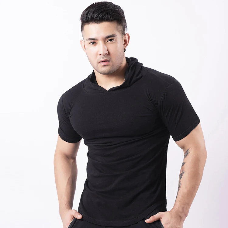 European and American Basketball Running Short Sleeve Hooded Fitness Men Short Sleeve Shirt