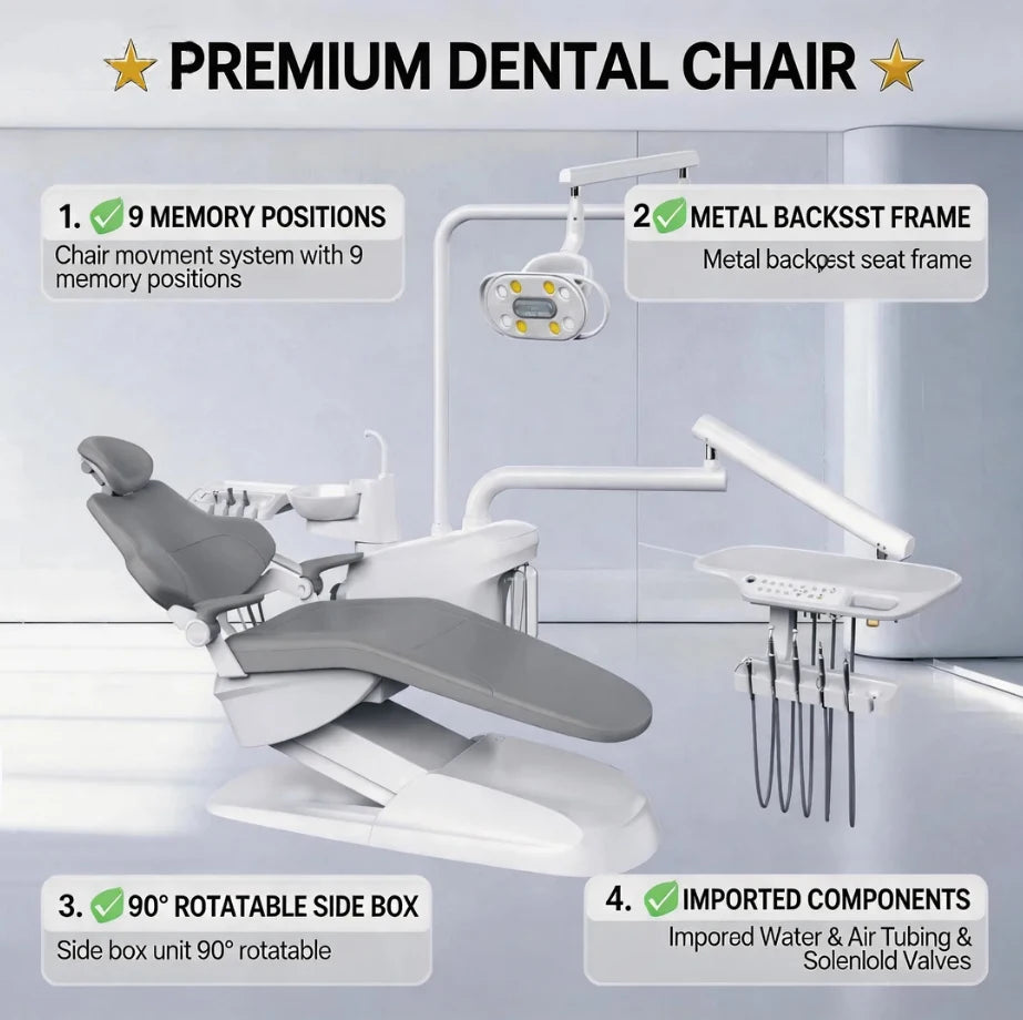 High Stability Dental Treatment Unit 9 Memory Sets Rotatable Water Unit & Metal Backrest Dental Chair with Anti-Collision System