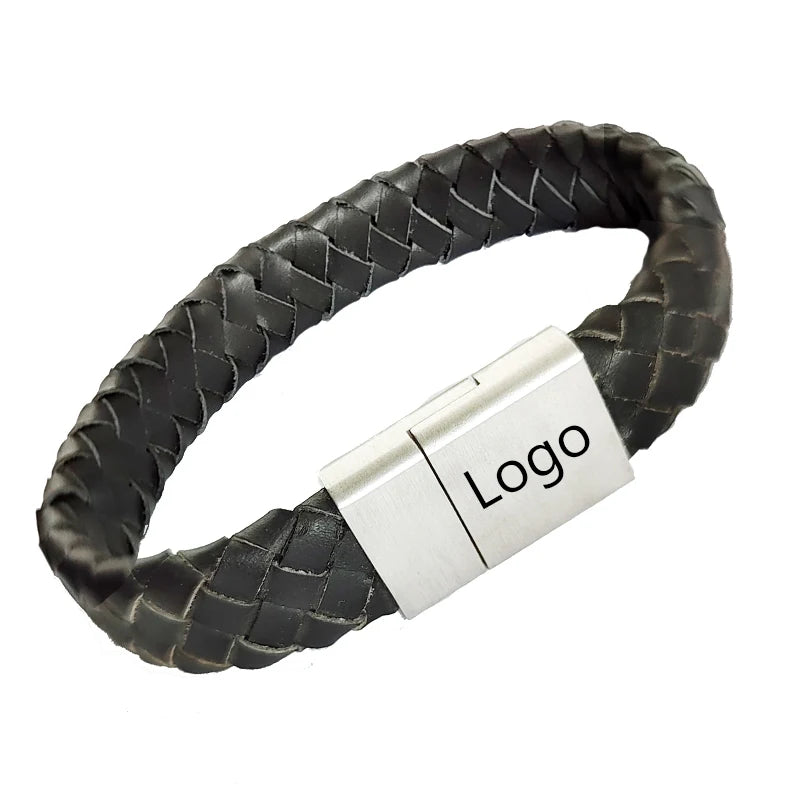 Real U Jewelry Custom Fashion Accessory Woven Black Genuine Leather Steel Bracelet Geometric Shape Engravable Bracelet for Men