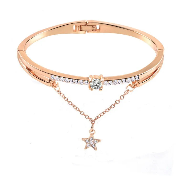 Fashion Jewelry Women Alloy Open Bracelet Silver Wedding Gift Five-Pointed Star Double Layer Chain Charm Bangle With Zircon