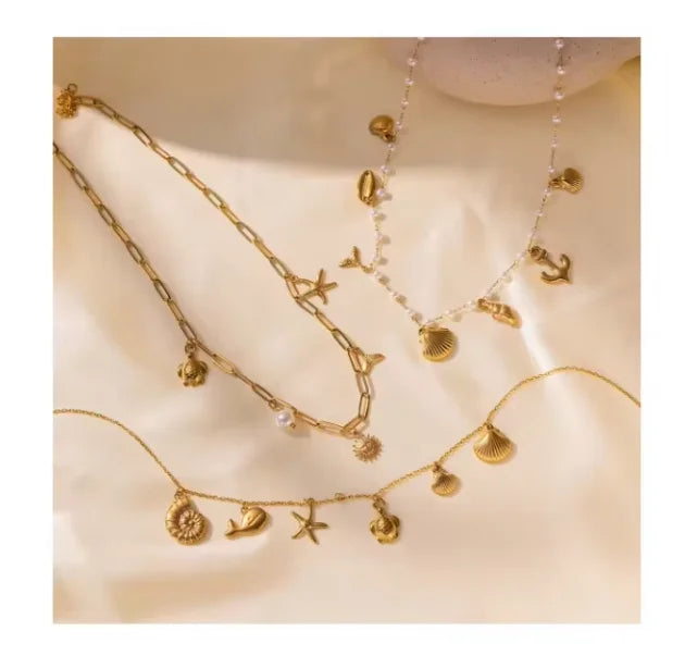 OEM 18K Gold Plated Summer Sea Conch Sea Star Dolphin Stainless Steel Shell Necklace