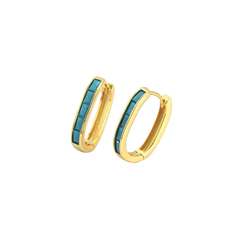 925 Silver Gold Plated Earring Rectangular Square Oval U Shaped Golden Hoop Earrings with Colourful CZ Gemstone