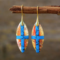 Chunky 18K Gold Plated Natural Sea Sediment Jasper Boho-Chic Cross Ethnic Style Drop Earrings for Women Fashionable Jewelry