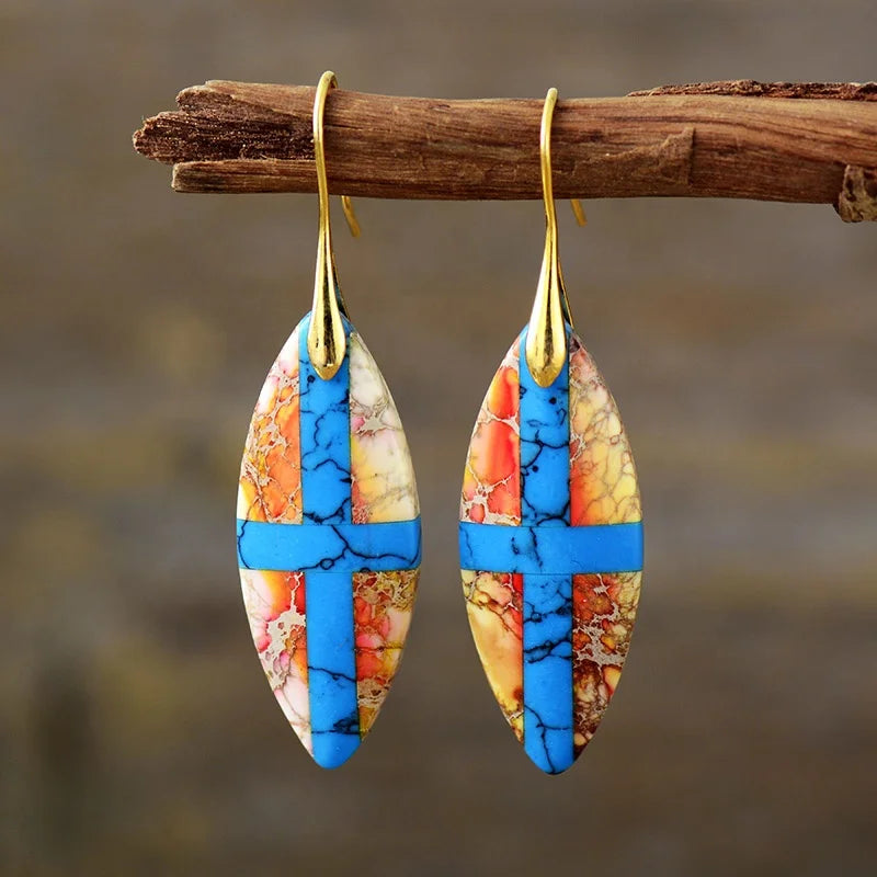 Chunky 18K Gold Plated Natural Sea Sediment Jasper Boho-Chic Cross Ethnic Style Drop Earrings for Women Fashionable Jewelry