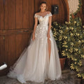 New Design Vintage Sheer Neck Wedding Dresses Short Capped Sleeve Side Split Bridal Gown Illusion Elegant Bohemian Wedding Gowns