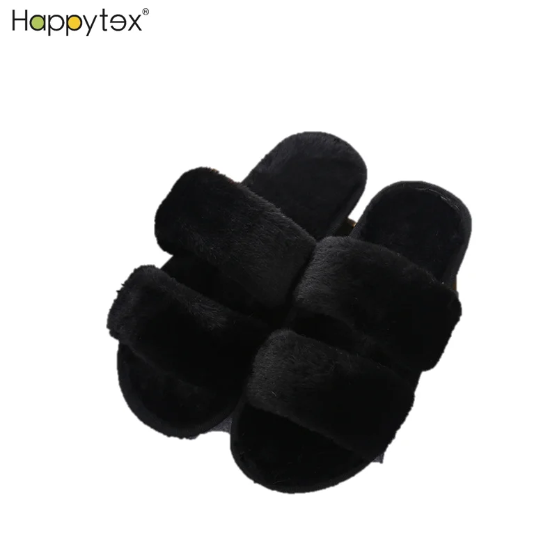 High Quality Fashion INS Home Ladies Fluffy Plush Warm Anti Slip Sandals Autumn Winter Soft Slippers for Women With Two Straps