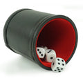 Black Leather Dice Cup Set Inside Red Velvet with 5 White with Black Dot Dice in Cup